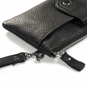 Portefeuille pochette en cuir noir pour hommes fermeture éclair dragonne vue détaillée
