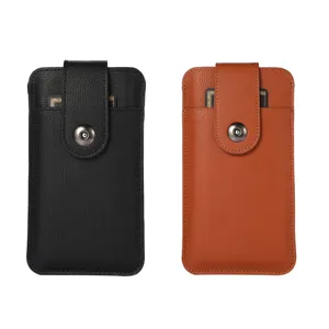Vertical leather phone pouch detail, lychee pattern soft holster with card slot and snap button.