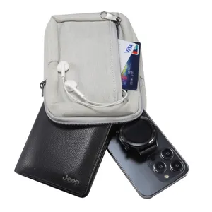 Grey nylon oxford mobile phone bag detail with zipper pocket, designed for daily outdoor use.