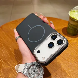 Black magnetic phone case detail view, slim PC cover with luxury metallic camera frame.