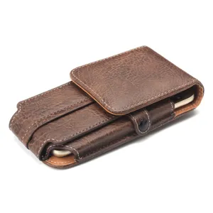 Brown leather texture phone pouch detail view with belt loop and snap button closure
