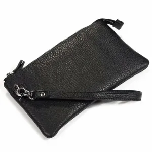 Élégante pochette de poignet pour homme en cuir véritable noir avec fermeture.