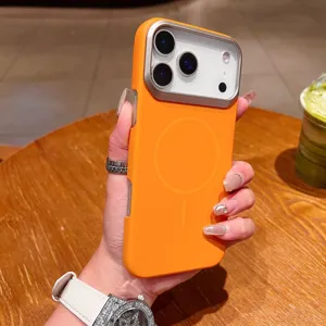 Orange magnetic phone case detail view, featuring metallic camera protection and slim fit.