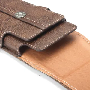 Detail shot of brown stone texture phone holster, PU leather waist bag with card slot.