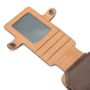Brown PU leather phone holster case with multiple card slots and clear ID window for travel.