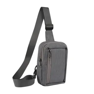 Grey nylon oxford crossbody phone chest bag detail view, casual outdoor travel sling pack.