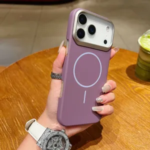 Purple magnetic PC phone case with metal camera protection frame for iPhone back detail view.