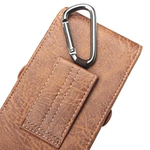 Brown faux leather phone holster detail, featuring a secure metal carabiner and belt loop.