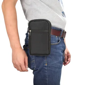 Vista dettagliata del marsupio tattico nero multiuso, custodia da cintura resistente per cellulare.