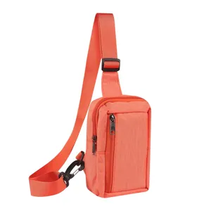 Nylon sling chest bag detail view, showing durable orange fabric, zipper pocket, and adjustable strap.