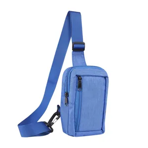 Blue nylon oxford crossbody chest bag detail, lightweight casual outdoor single shoulder phone bag.