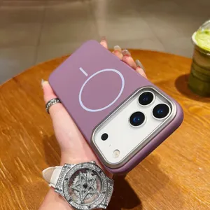 Detail shot of purple magnetic phone case with metal camera frame and thin MagSafe ring.
