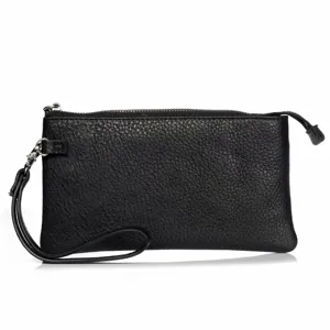Sac pochette de poignet en cuir véritable noir pour homme vue de détail fermeture