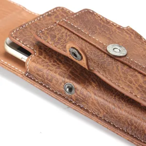 Brown stone pattern leather phone pouch detail, featuring magnetic snap button and card slots.