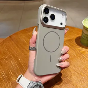 Close-up detail of gray magnetic phone case, matte finish with metal camera guard.