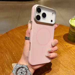 Pink MagSafe phone case for iPhone featuring a metal camera protective frame and slim ring.