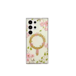 Transparant bloemrijk magnetisch telefoonhoesje voor Samsung, IMD roze bloemen hoesje
