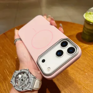 Pink magnetic phone case with metal camera frame and wireless charging support for iPhone.