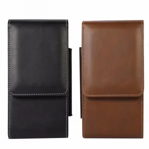 Men PU leather phone holster belt bag 5.5-6.7 inch double layer universal waist pouch brown black