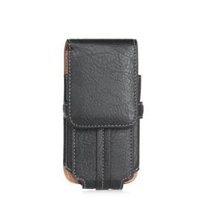 Black vertical leather phone holster pouch with belt loop and secure flap closure for smartphone
