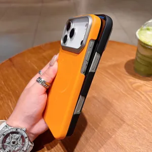 Orange magnetic phone case for iPhone with metal camera protection and slim design details.