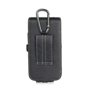 Detail view of black vertical leather phone holster, textured case with belt loop and carabiner.