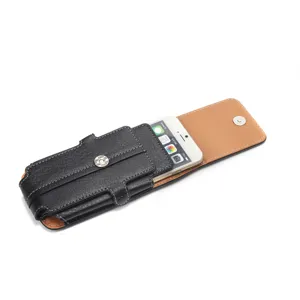 Universal vertical leather phone holster with belt loop, black stone pattern pouch for smartphones.