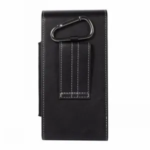 Black PU leather universal phone holster detail, featuring a secure belt loop and sturdy metal carabiner.