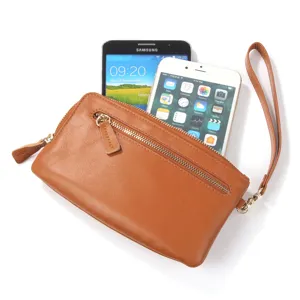 Portefeuille bracelet en cuir véritable marron pochette zippée pour téléphone portable.