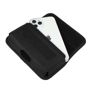 Black nylon horizontal mobile phone holster waist bag case pouch accessory display detail view