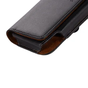 Étui de téléphone horizontal en cuir noir universel, vue détaillée, doublure marron de qualité.