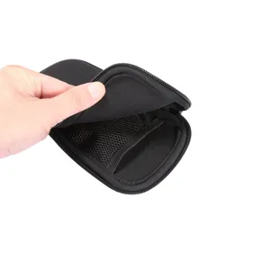 Black elastic zipper storage pouch detail showing interior mesh pocket and smooth zip closure.