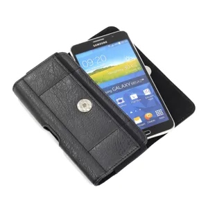 Schwarze horizontale Handytasche Gürteltasche Detailansicht, universelles PU Leder Etui Smartphone.