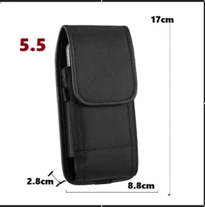 Vue détaillée d'étui de téléphone portable noir en nylon, pochette verticale avec dimensions.