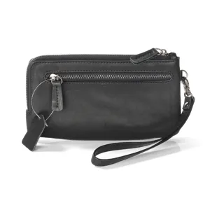 Sac portefeuille de poignet en cuir noir avec fermeture éclair pour un usage quotidien.
