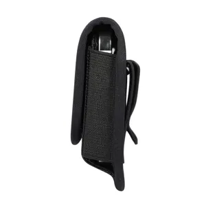 Black nylon phone holster side detail view, durable belt clip design for daily use.