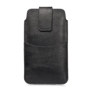 Schwarze Litschi-Leder Handytasche mit Gürtelschlaufe und Außentasche für Mobiltelefone.