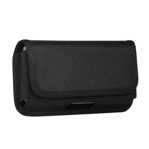 Black horizontal oxford cloth cell phone waist pouch belt holster for large smartphones.