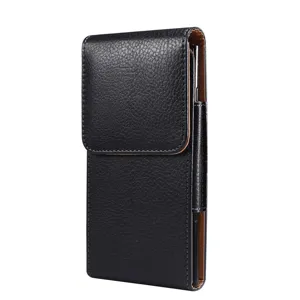 Schwarzes Leder vertikales Handy-Holster Detail mit Stifthalter für unter 6,9 Zoll.