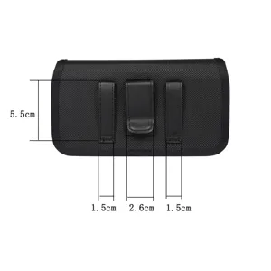Black nylon horizontal cell phone holster pouch with belt clip and loops for outdoor use