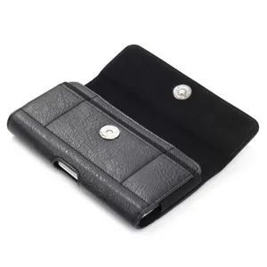Schwarze Lederoptik horizontale Handy-Gürteltasche Detailansicht mit Magnetverschluss