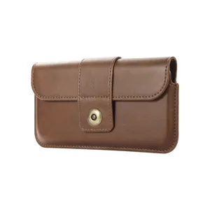 Étui de téléphone horizontal en cuir marron avec bouton-pression pour hommes.
