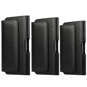 Detail view of black carbon fiber pattern universal phone holster pouch with belt clip design.