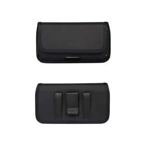 Durable black nylon horizontal cell phone holster with secure belt clip for daily use.