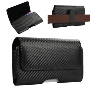 Universal Phone Holster Case With Belt Clip Carbon Fiber Texture PU Leather Waist Bag Magnetic Closure Protective Cover For Men