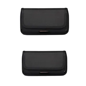 Close-up detail of black nylon horizontal phone waist pouch, durable fabric and sturdy belt loop design.