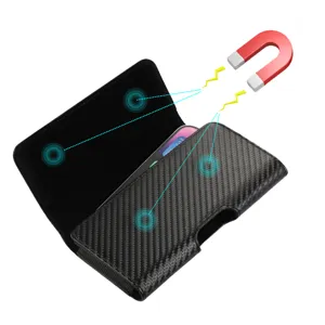 Universal magnetic phone holster pouch with carbon fiber texture for smartphone belt carry.