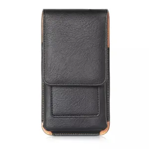 Detailed view of the black leather phone holster, showing textured finish and flap closure.