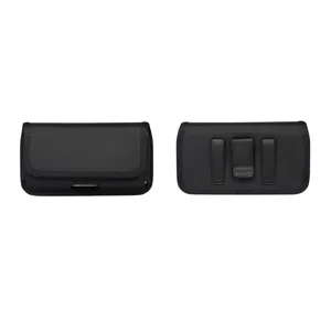 Black nylon horizontal cell phone holster belt pouch case with clip and loops for large smartphones.