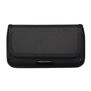 Detailed view of the black oxford cloth horizontal mobile phone waist pouch for daily use.